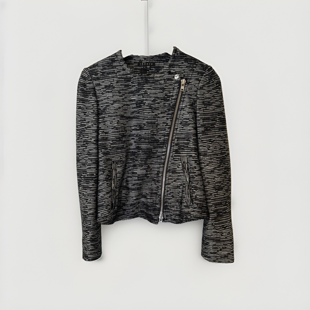 Theory Joean Goat Leather Trim Wool Moto Jacket Women Size 6 Black White Texture